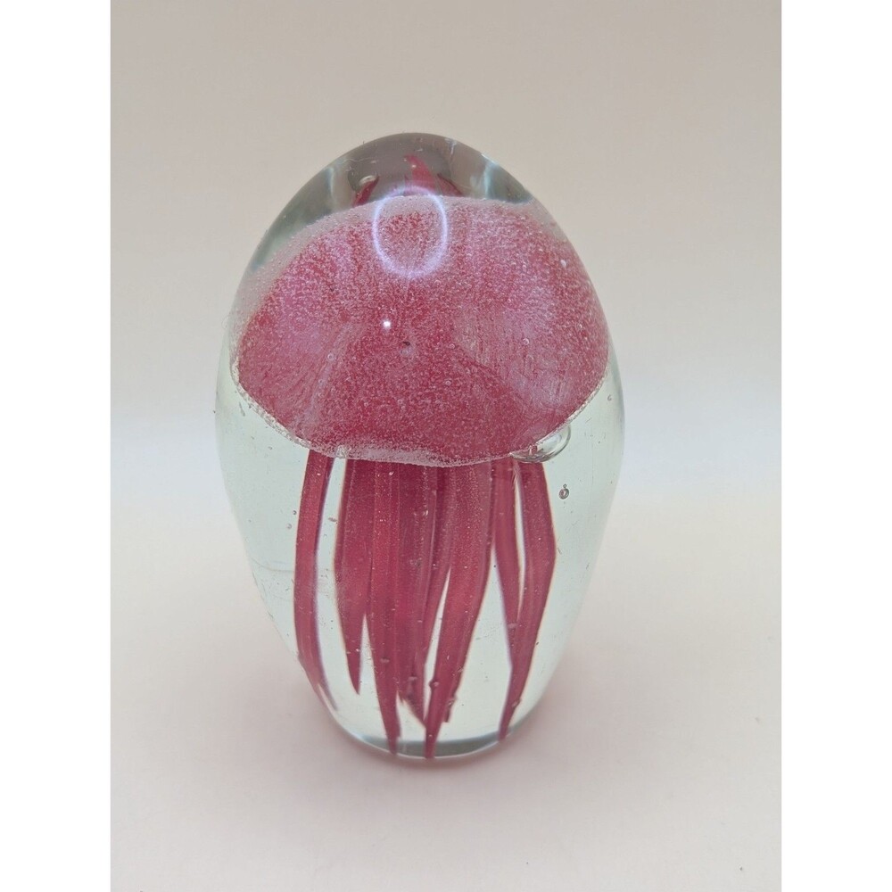 Art Glass, Blown Glass 3.5” Paperweight Red Jellyfish Nautical Beach Decor
